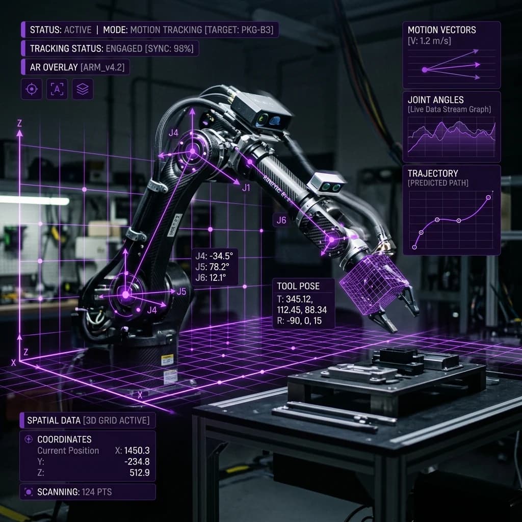 An AR overlay tracking framing and distance during a take
