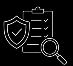 A shield, a checklist and a magnifier, representing quality protection