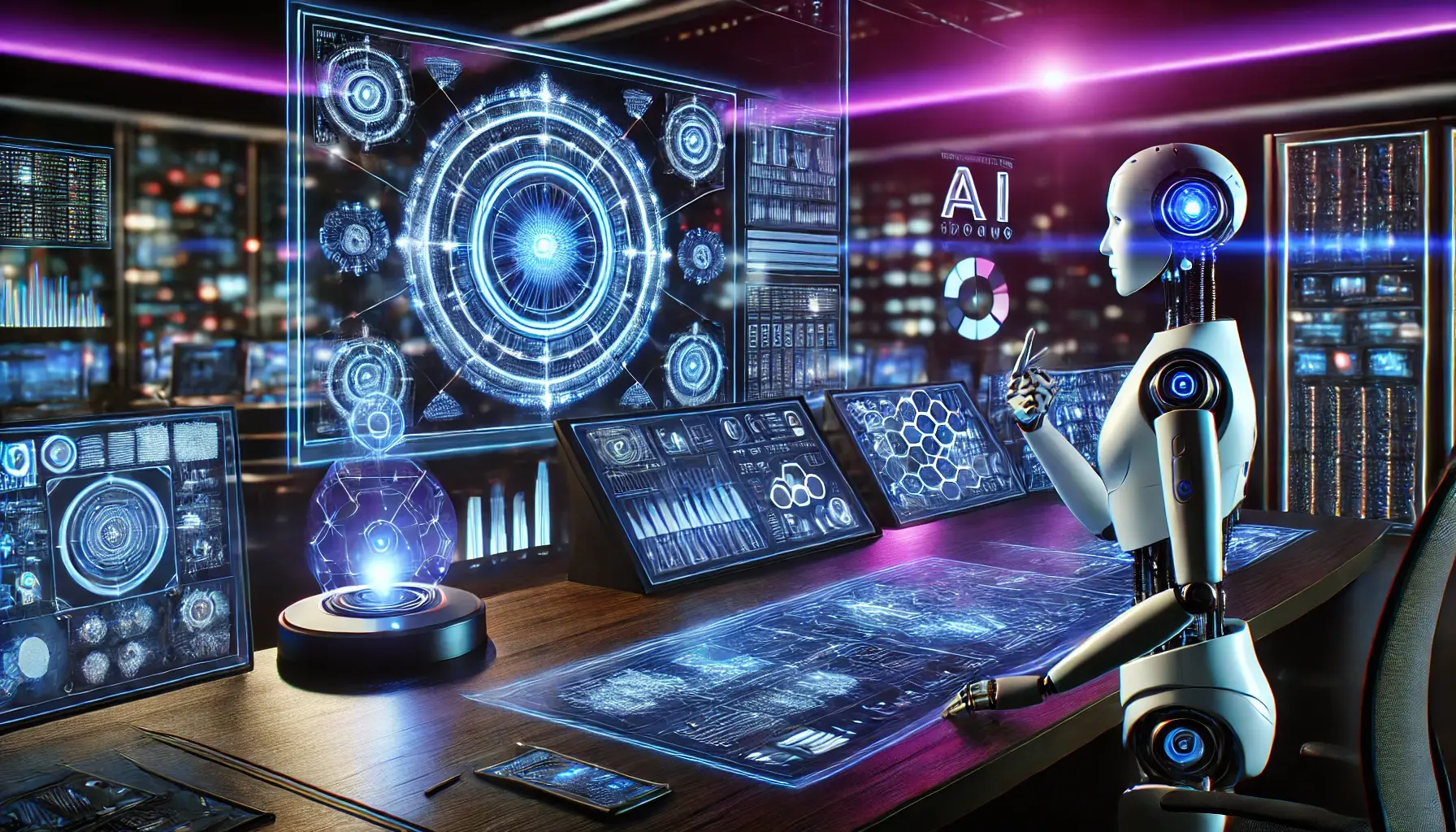 A highly advanced AI command center glowing with purple and blue tones. A humanoid AI assistant processes data on multiple screens while interacting with a floating holographic interface. The environment is sleek, modern, and fully automated