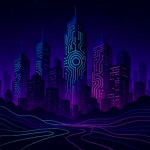 A digital illustration of a futuristic city skyline at night, with glowing skyscrapers featuring circuit patterns in turquoise, pink, and purple. Neon lines trace through rolling black hills beneath a deep purple sky, creating a high-tech, AI-inspired atmosphere.