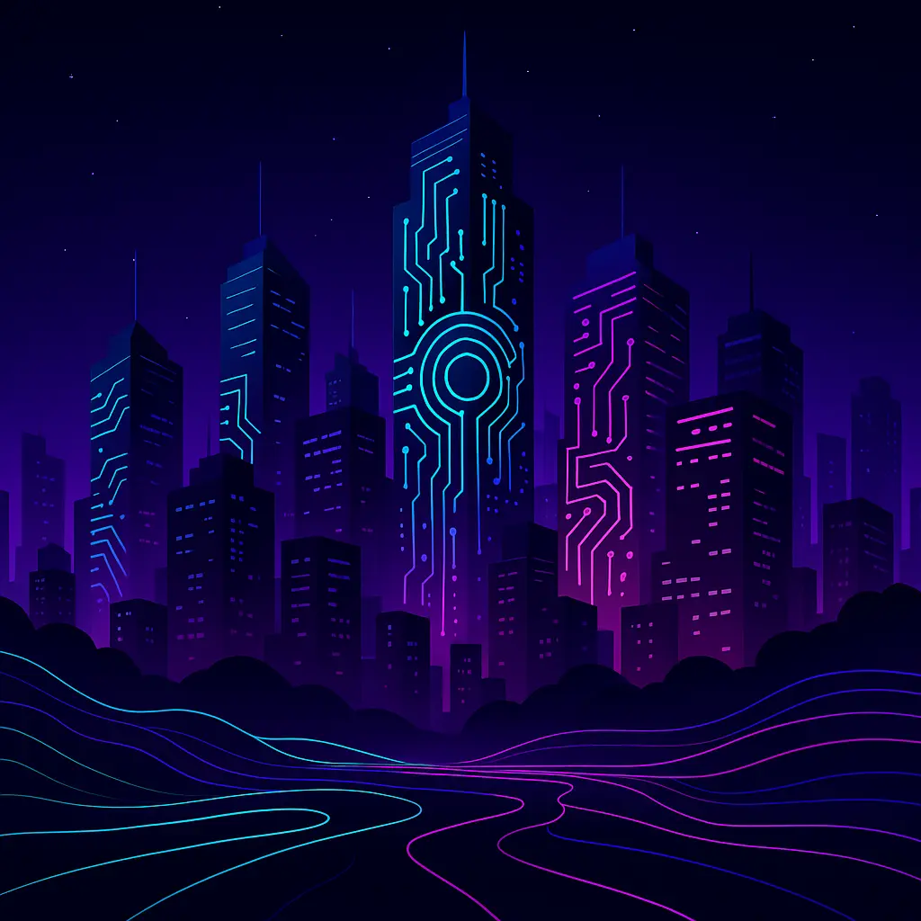 A digital illustration of a futuristic city skyline at night, with glowing skyscrapers featuring circuit patterns in turquoise, pink, and purple. Neon lines trace through rolling black hills beneath a deep purple sky, creating a high-tech, AI-inspired atmosphere.
