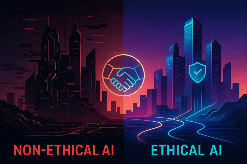 A split-screen digital illustration showing two contrasting cityscapes. The left side is dark and glitchy, labeled “Non-Ethical AI,” with red neon lines and unstable buildings. The right side is bright and organized, labeled “Ethical AI,” with glowing blue pathways, shield icons, and a handshake symbol representing trust and transparency
