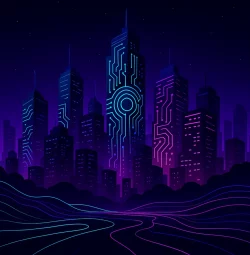 A digital illustration of a futuristic city skyline at night, with glowing skyscrapers featuring circuit patterns in turquoise, pink, and purple. Neon lines trace through rolling black hills beneath a deep purple sky, creating a high-tech, AI-inspired atmosphere.