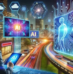 DALL·E 2025-02-24 21.18.24 - A futuristic landscape representing AI-driven digital marketing. The scene includes a vibrant city with holographic ads adapting in real-time to passi