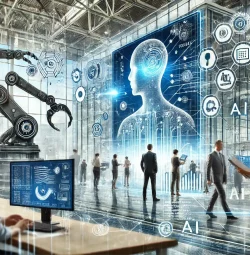 A high-tech office where professionals interact with AI-powered systems that automatically organize and categorize data on sleek digital interfaces. In the background, robotic arms and digital dashboards visualize automated workflows, highlighting the role of artificial intelligence in business automation. Glowing data streams and neural network graphics blend into the environment, symbolizing efficiency and innovation in modern business operations