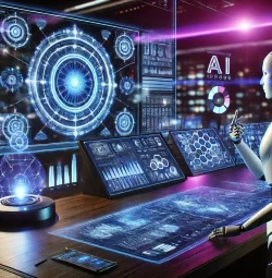 A highly advanced AI command center glowing with purple and blue tones. A humanoid AI assistant processes data on multiple screens while interacting with a floating holographic interface. The environment is sleek, modern, and fully automated