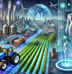 DALL·E 2025-03-12 19.59.36 - A futuristic landscape featuring AI-driven innovations in unexpected industries. On the left, a high-tech farm with autonomous tractors and drones mon